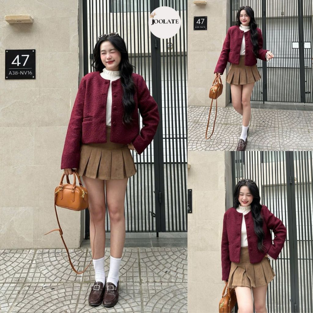 Áo Khoác dạ Tweed bông xù cúc bọc vải túi ngang SURAN TWEED màu đỏ burgundy mặc tết noel Aokhoacda1120 P0