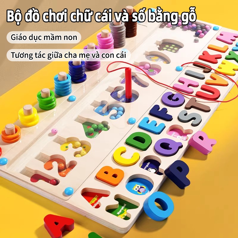 Đồ chơi gỗ giáo dục cho bé AYYKX– Bảng chữ cái & số, xâu hạt màu sắc, phát triển tư duy sớm