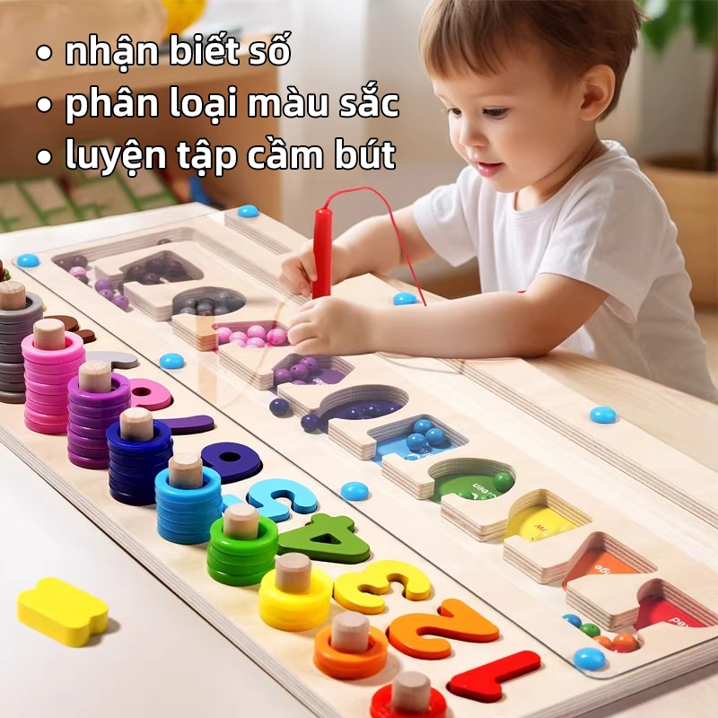 Đồ chơi gỗ giáo dục cho bé AYYKX– Bảng chữ cái & số, xâu hạt màu sắc, phát triển tư duy sớm