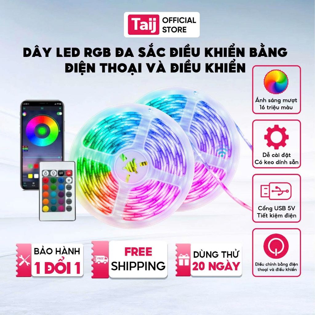 Dây LED RGB 16 Triệu Màu, Kết Nối USB 5V, Siêu Sáng, Điều Khiển Qua Ứng Dụng Bluetooth, Dải đèn 3535