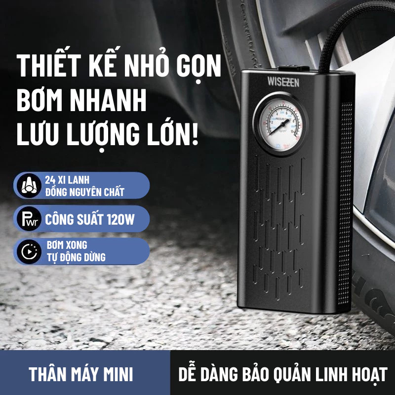 Máy Bơm Lốp ô Tô Wisezen Vật Dụng Không Thể Thiếu Trên Xe Thời Lượng Pin Dài Nhỏ Gọn Tiện Mang Theo