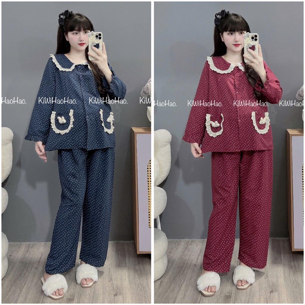 Bộ bầu - bộ sau sinh - BỘ DÀI VÂN MÂY CỔ SEN REN HAI TÚI NƠ IN HÌNH HOA NHỎ - 2 Màu,Áo Có Khoá Kéo & Quần Có Chun chỉnh