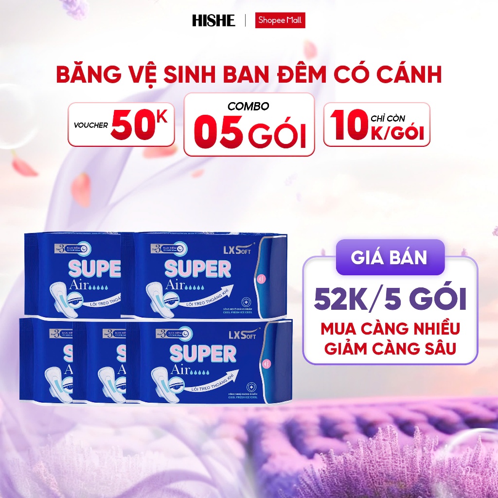 COMBO 5 gói Băng Vệ Sinh SUPER AIR LXSoft Hàn Quốc - Bạc hà - Mặt lưới lụa Siêu thấm hút