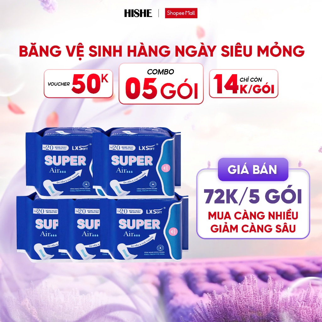 COMBO 5 gói Băng Vệ Sinh SUPER AIR LXSoft Hàn Quốc - Bạc hà - Mặt lưới lụa Siêu thấm hút