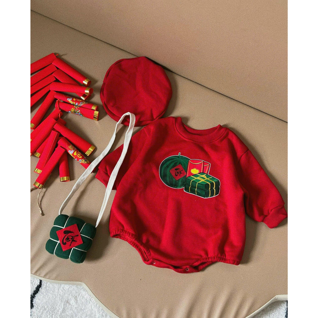 Set Bánh Chưng NỈ BÔNG kèm túi đựng lì xì , mũ và quần legging cho bé trai bé gái du xuân 2026 mặc chụp ảnh đi tết