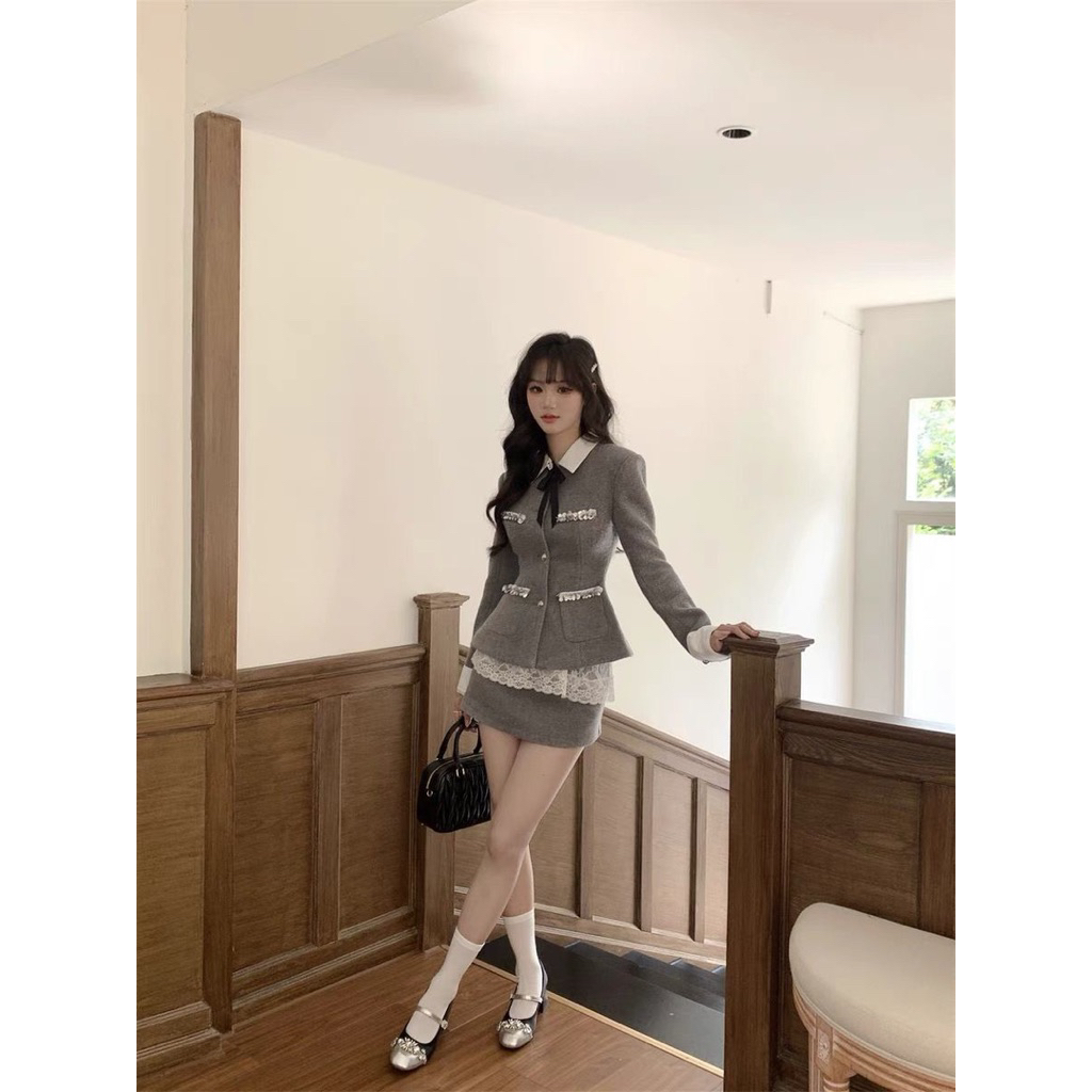 Set nữ 2 món phong cách tiểu thư Pháp, áo khoác tweed + chân váy cạp cao tôn dáng, trang phục thu đông cao cấp