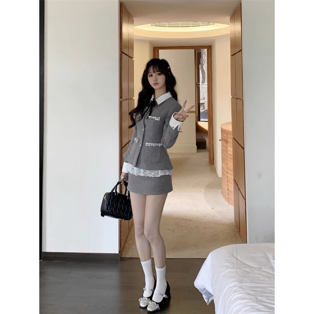 Set nữ 2 món phong cách tiểu thư Pháp, áo khoác tweed + chân váy cạp cao tôn dáng, trang phục thu đông cao cấp