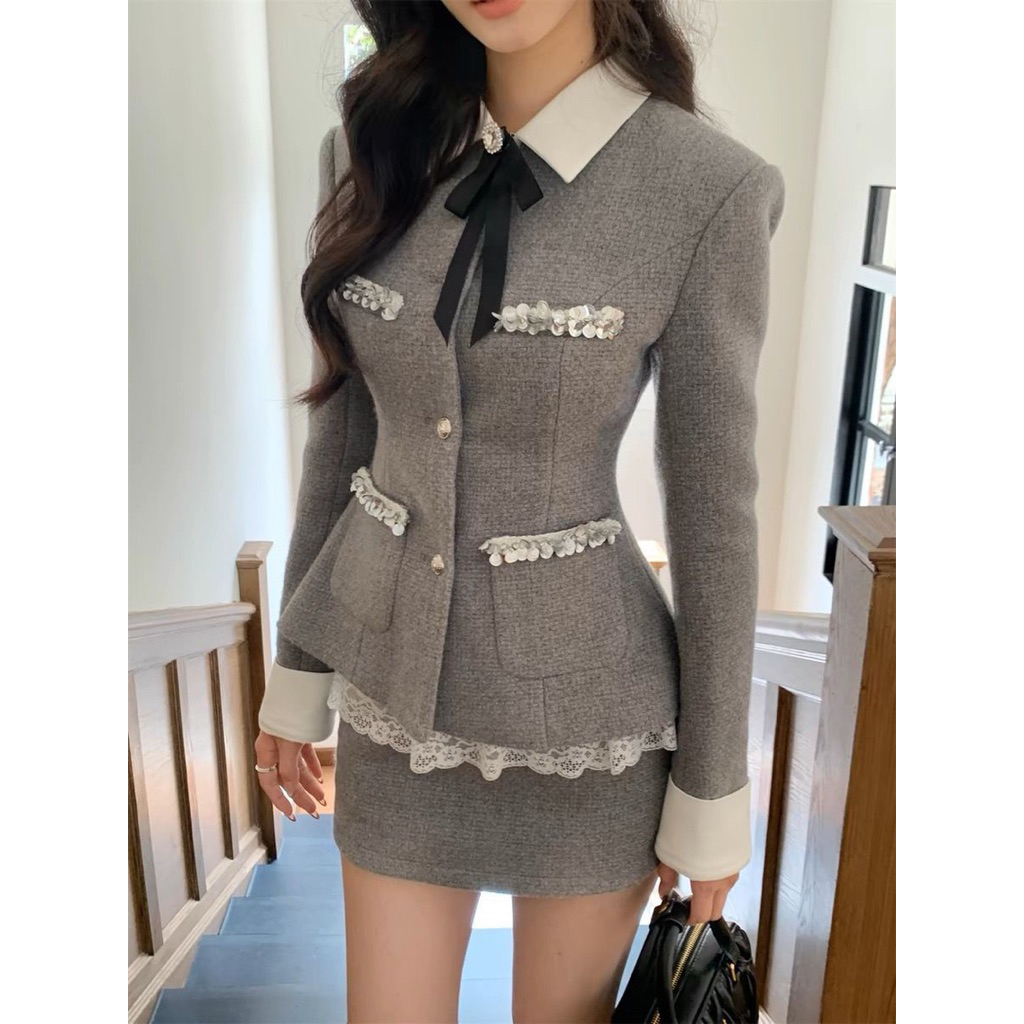 Set nữ 2 món phong cách tiểu thư Pháp, áo khoác tweed + chân váy cạp cao tôn dáng, trang phục thu đông cao cấp