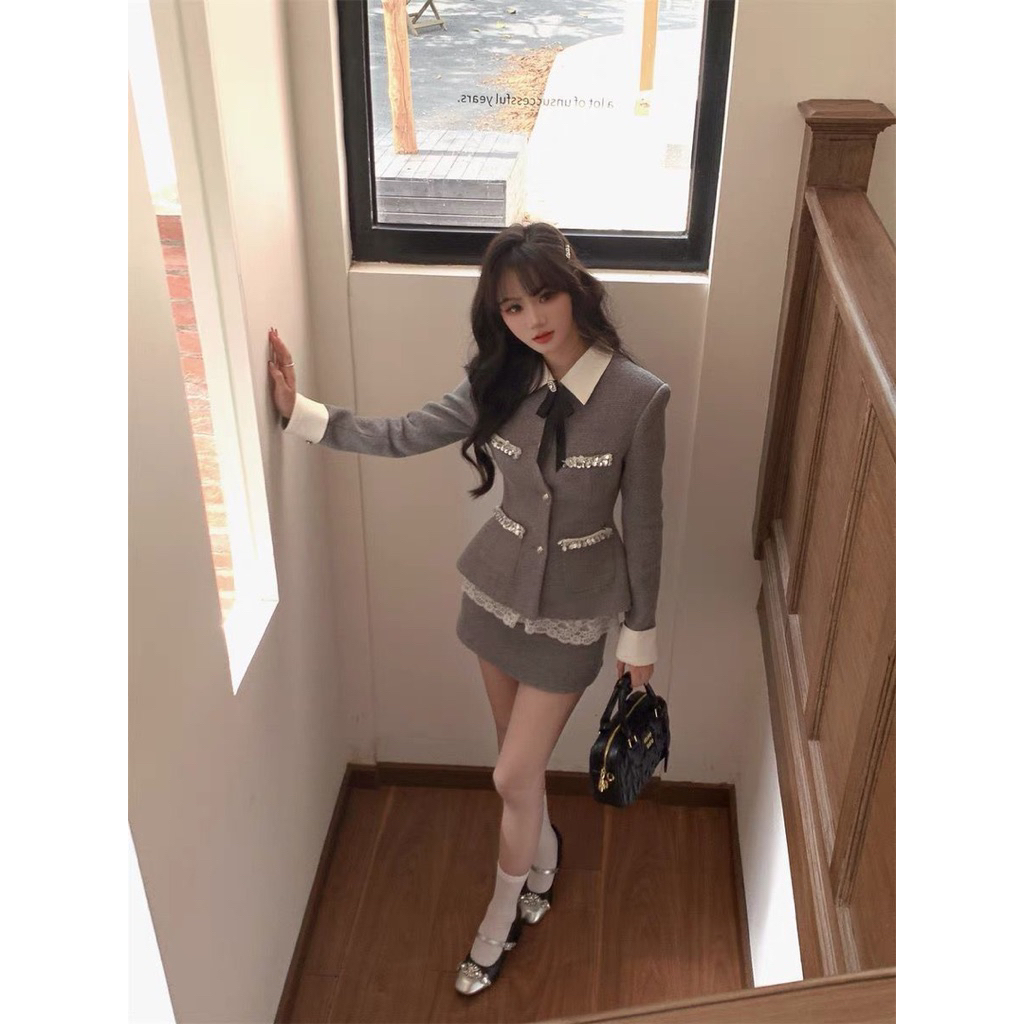 Set nữ 2 món phong cách tiểu thư Pháp, áo khoác tweed + chân váy cạp cao tôn dáng, trang phục thu đông cao cấp