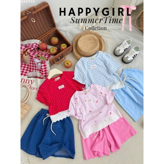 Bộ Thun Bé Gái HAPPY GIRL | Bộ Áo Thun Cotton Phối Ren + Quần Ống Xoè Giả Váy