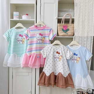 Đầm Thun Bé Gái Hello Kitty Bèo Lượn AZD561 | Đầm Cotton Co Giãn 4 Chiều Dáng Suông Cho Bé Gái