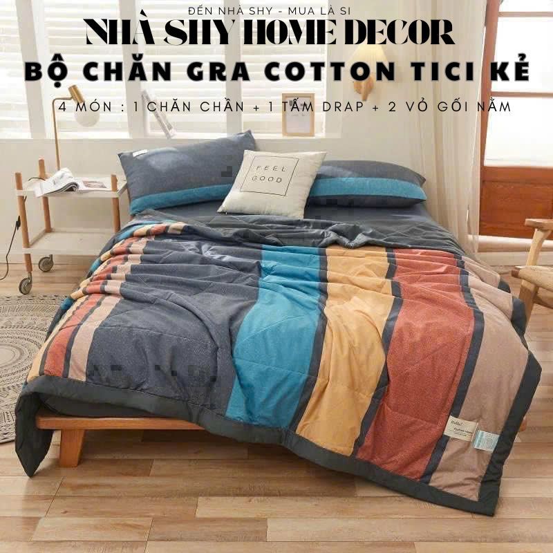 Bộ Chăn Ga Gối Cotton Tici Họa Tiết Kẻ Sọc Set 5 Món Chăn Chần Gra Gối - Nhà Shy Home Decor