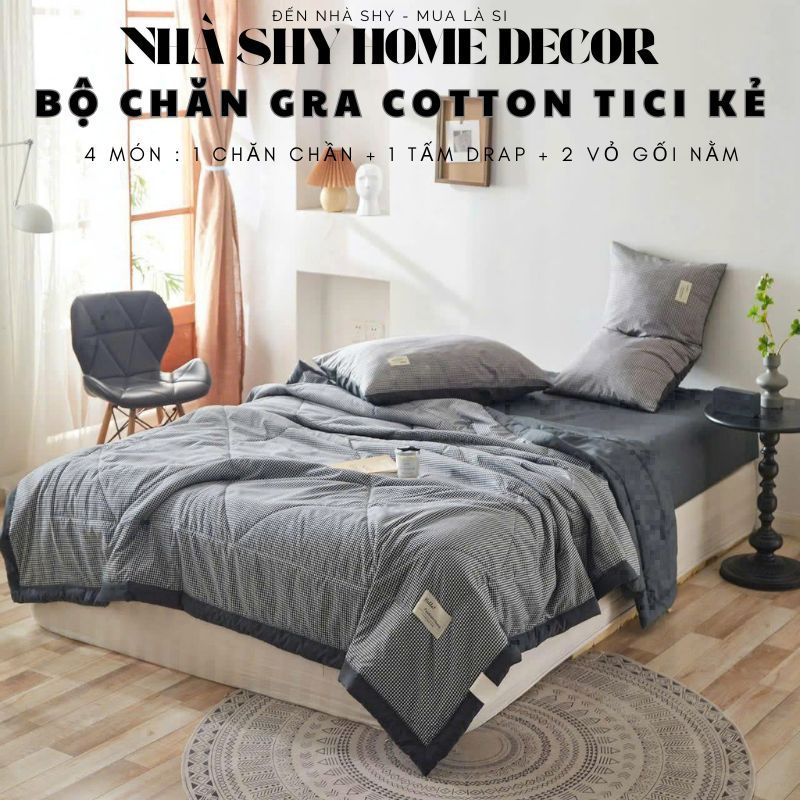 Bộ Chăn Ga Gối Cotton Tici Họa Tiết Kẻ Sọc Set 5 Món Chăn Chần Gra Gối - Nhà Shy Home Decor
