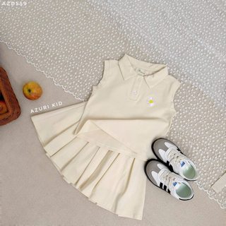 Bộ Bé Gái Thun Cá Sấu Cotton Cúc Daisy | Áo Polo + Chân Váy Xếp Ly Có Quần Bảo Hộ Bên Trong