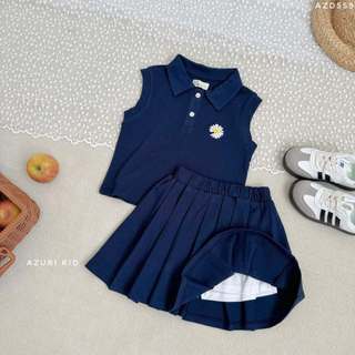 Bộ Bé Gái Thun Cá Sấu Cotton Cúc Daisy | Áo Polo + Chân Váy Xếp Ly Có Quần Bảo Hộ Bên Trong