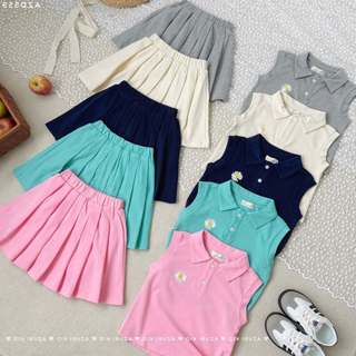 Bộ Bé Gái Thun Cá Sấu Cotton Cúc Daisy | Áo Polo + Chân Váy Xếp Ly Có Quần Bảo Hộ Bên Trong