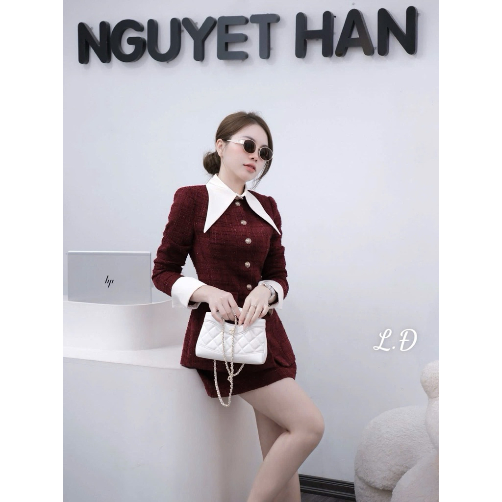 Sét dạ áo mix chân váy dáng A khuy đông   Cổ phối rời   Đỏ - đen - kem   SM