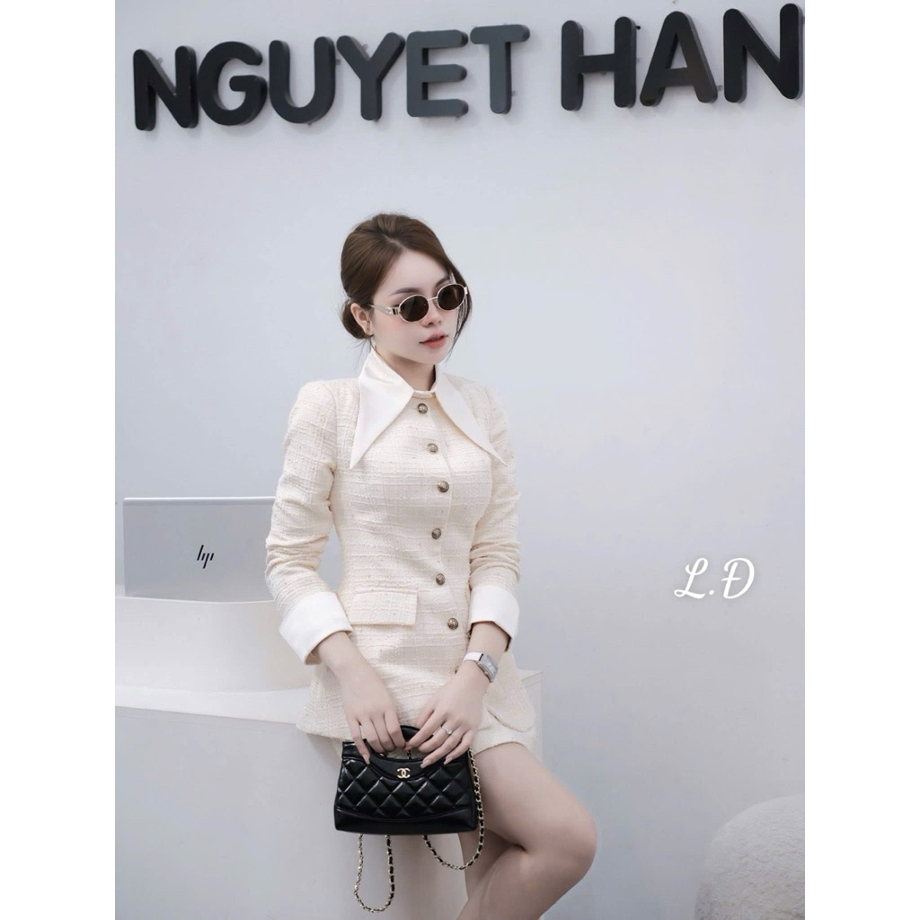 Sét dạ áo mix chân váy dáng A khuy đông   Cổ phối rời   Đỏ - đen - kem   SM