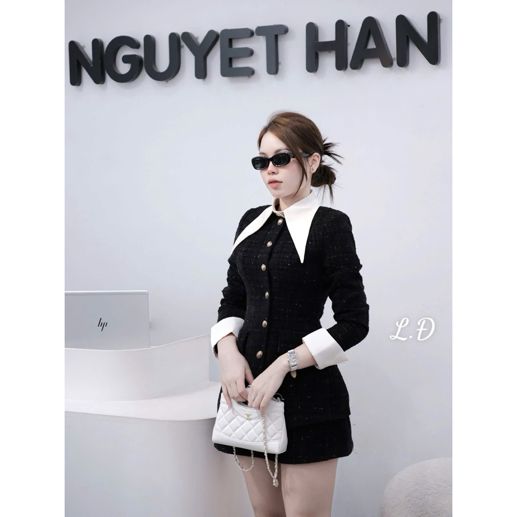 Sét dạ áo mix chân váy dáng A khuy đông   Cổ phối rời   Đỏ - đen - kem   SM