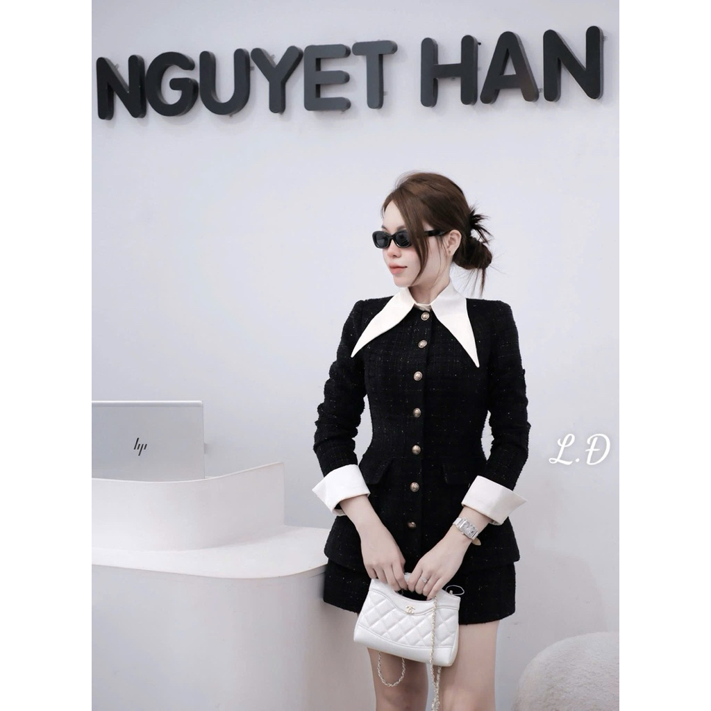 Sét dạ áo mix chân váy dáng A khuy đông   Cổ phối rời   Đỏ - đen - kem   SM
