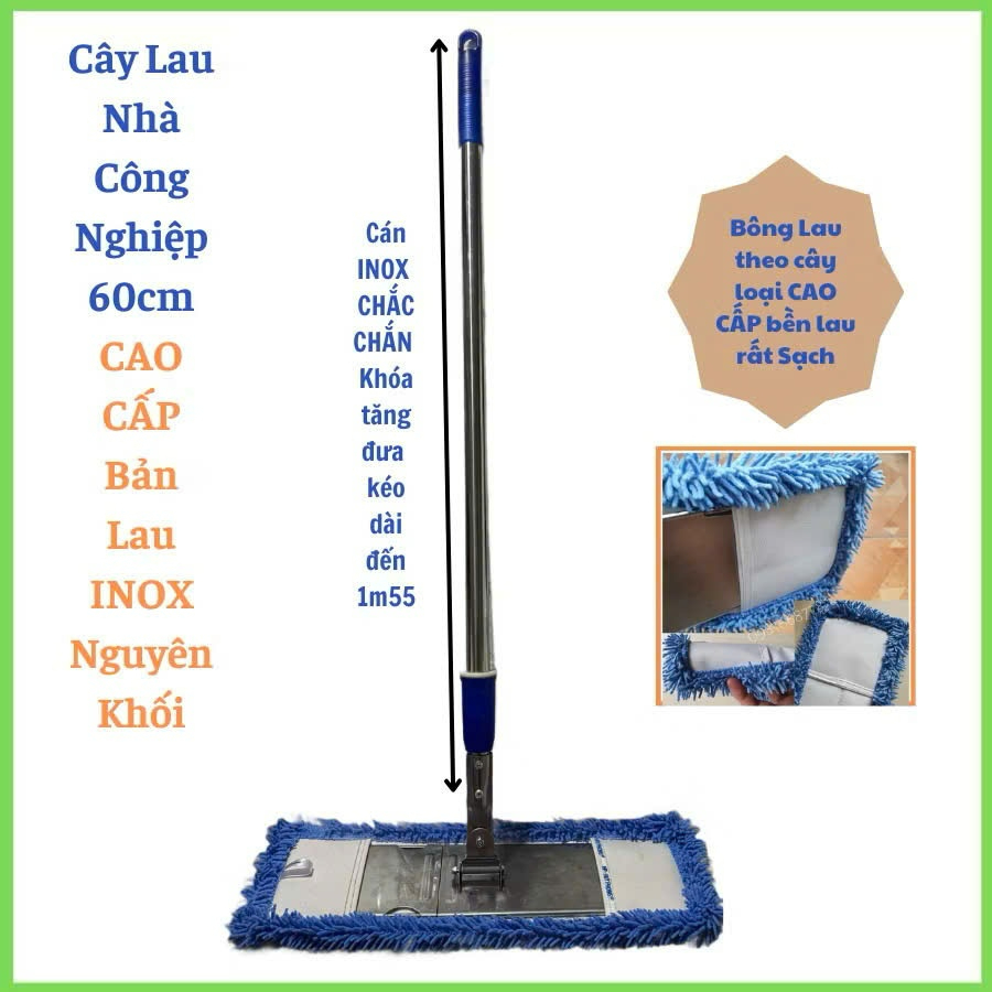 Cây Chổi Lau Sàn Công Nghiệp Inox Nguyên Khối - Bản Lau 45 - 60cm
