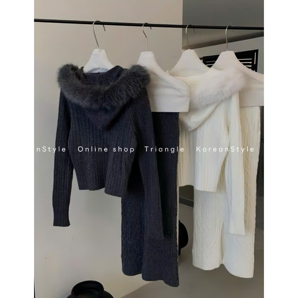 TRIANGLE - Charmy Set (Cân nhắc kỹ, return is not welcomed) - Set len áo có mũ phối lông kèm chân váy bút chì
