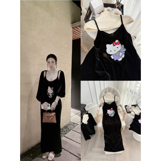 Váy nhung hàn hai dây thêu hình hello kitty dáng xuông