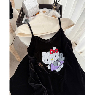 Váy nhung hàn hai dây thêu hình hello kitty dáng xuông