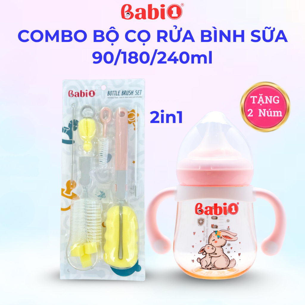 Combo Bộ Cọ Rửa Bình Sữa 6in1 Babi1 Và Bình Sữa PPSU Plus Có Tay Cầm (Đủ Size)