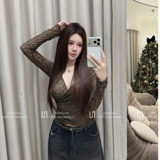 QCL1 8177 Áo ren dài tay cổ vắt chéo form ôm siêu đẹp(Freesizs)