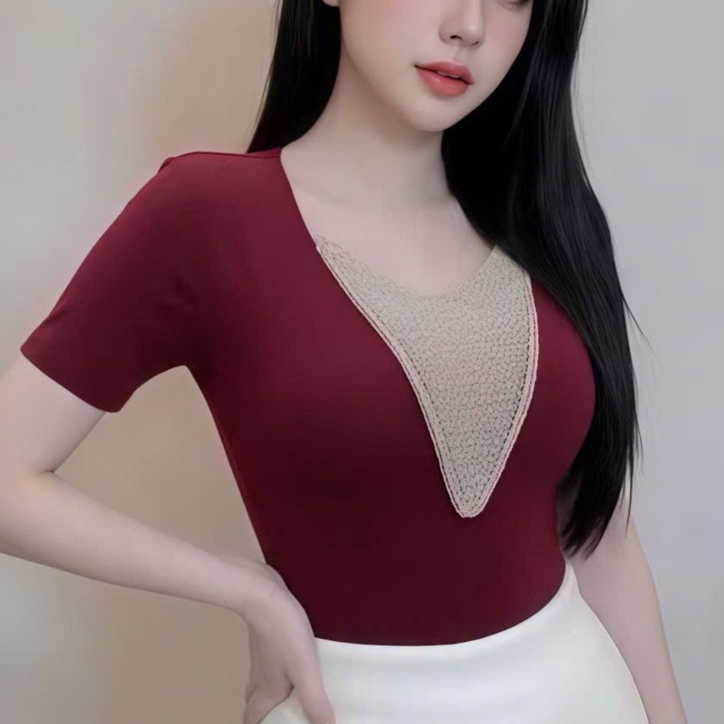 Áo Kiểu Nữ Đẹp Cổ V Tay Ngắn Đính Cườm Co Giãn Bigsize ESHOP - Áo Thun Nữ Ôm Body Sang Chảnh MS567