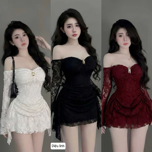 Đầm ren trễ vai nữ diện tiệc tết phối khuy sang chảnh a24