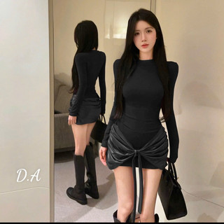 Đầm body nữ phối da dài tay sang chảnh diện tiệc tết a11