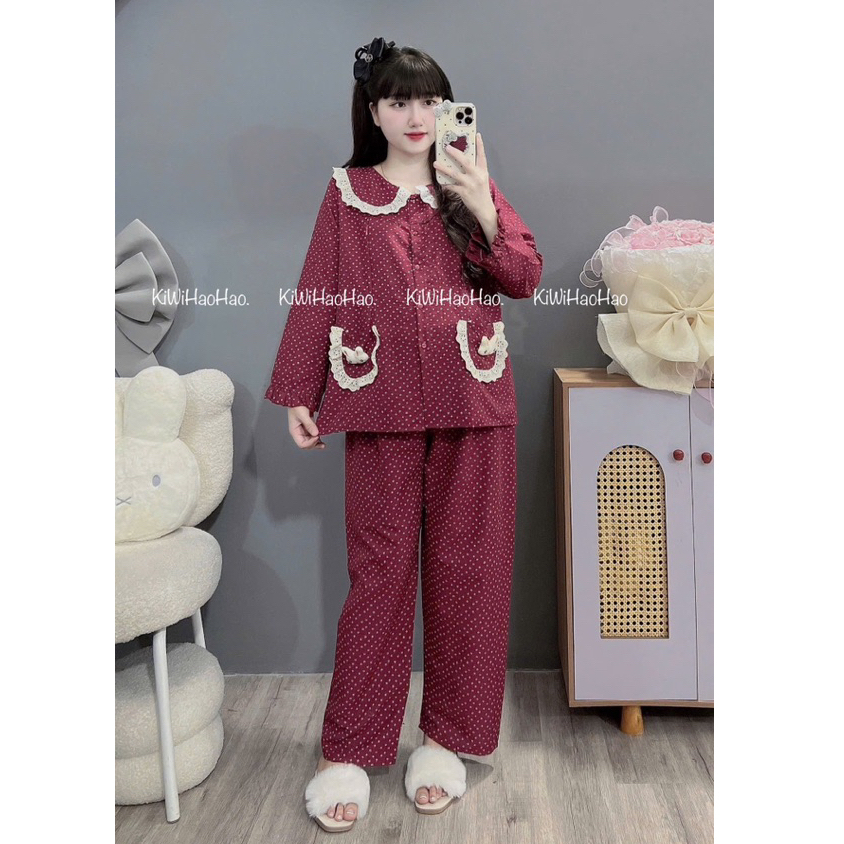 Bộ bầu - bộ sau sinh - BỘ DÀI VÂN MÂY CỔ SEN REN HAI TÚI NƠ IN HÌNH HOA NHỎ - 2 Màu,Áo Có Khoá Kéo & Quần Có Chun chỉnh