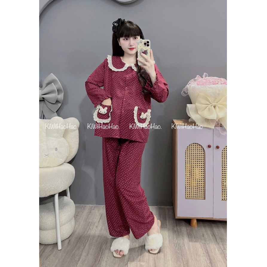 Bộ bầu - bộ sau sinh - BỘ DÀI VÂN MÂY CỔ SEN REN HAI TÚI NƠ IN HÌNH HOA NHỎ - 2 Màu,Áo Có Khoá Kéo & Quần Có Chun chỉnh