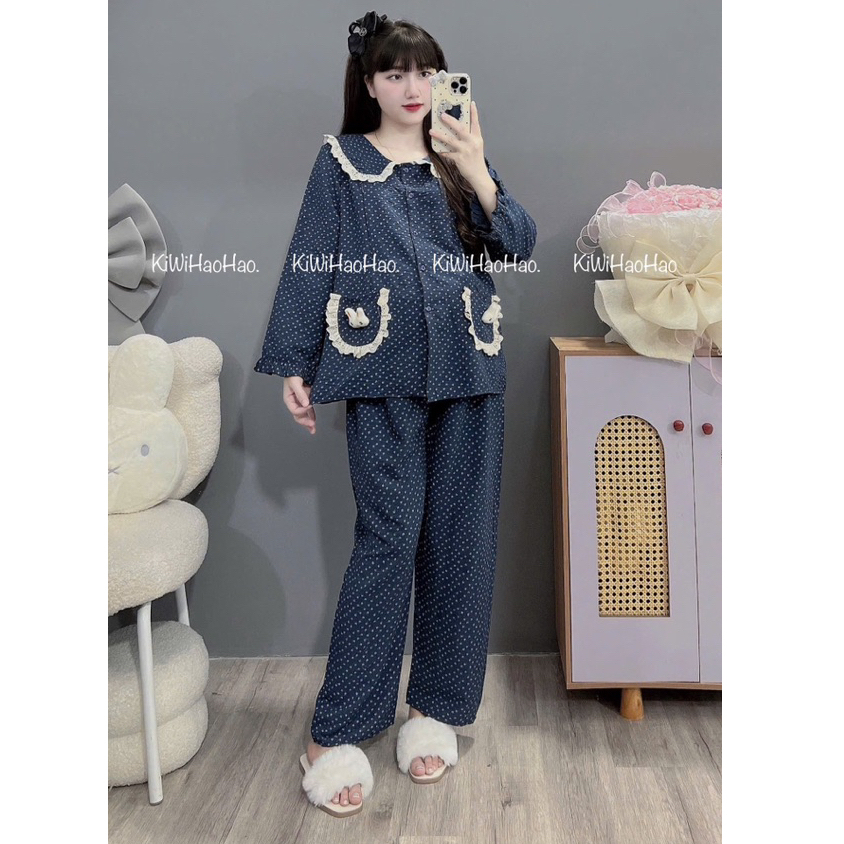 Bộ bầu - bộ sau sinh - BỘ DÀI VÂN MÂY CỔ SEN REN HAI TÚI NƠ IN HÌNH HOA NHỎ - 2 Màu,Áo Có Khoá Kéo & Quần Có Chun chỉnh