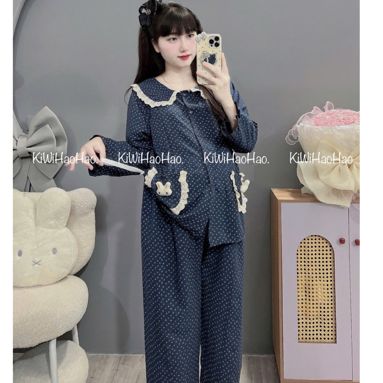 Bộ bầu - bộ sau sinh - BỘ DÀI VÂN MÂY CỔ SEN REN HAI TÚI NƠ IN HÌNH HOA NHỎ - 2 Màu,Áo Có Khoá Kéo & Quần Có Chun chỉnh