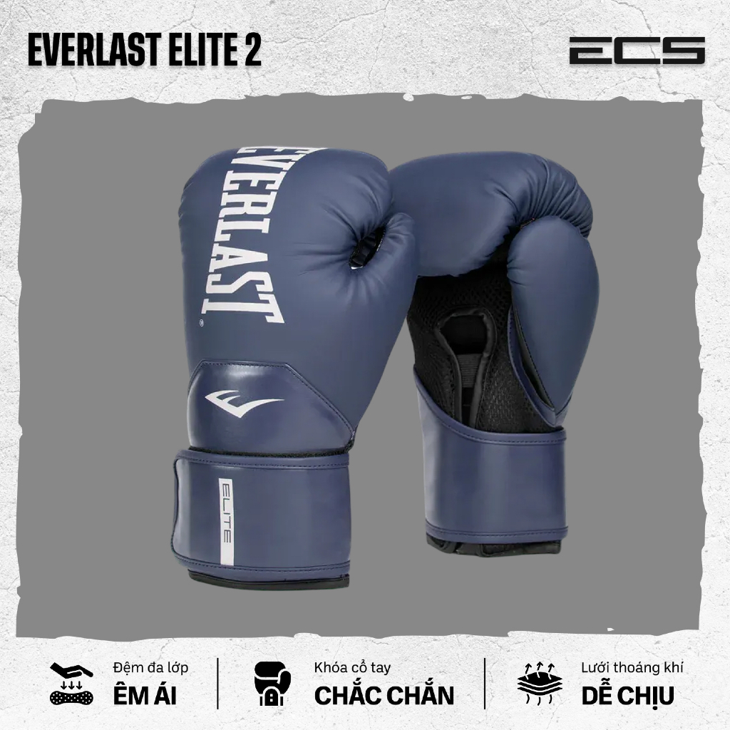 Găng tay boxing Everlast Elite 2, Đệm đa lớp êm ái, Khóa cổ tay chắc, Lưới thoáng khí dễ chịu
