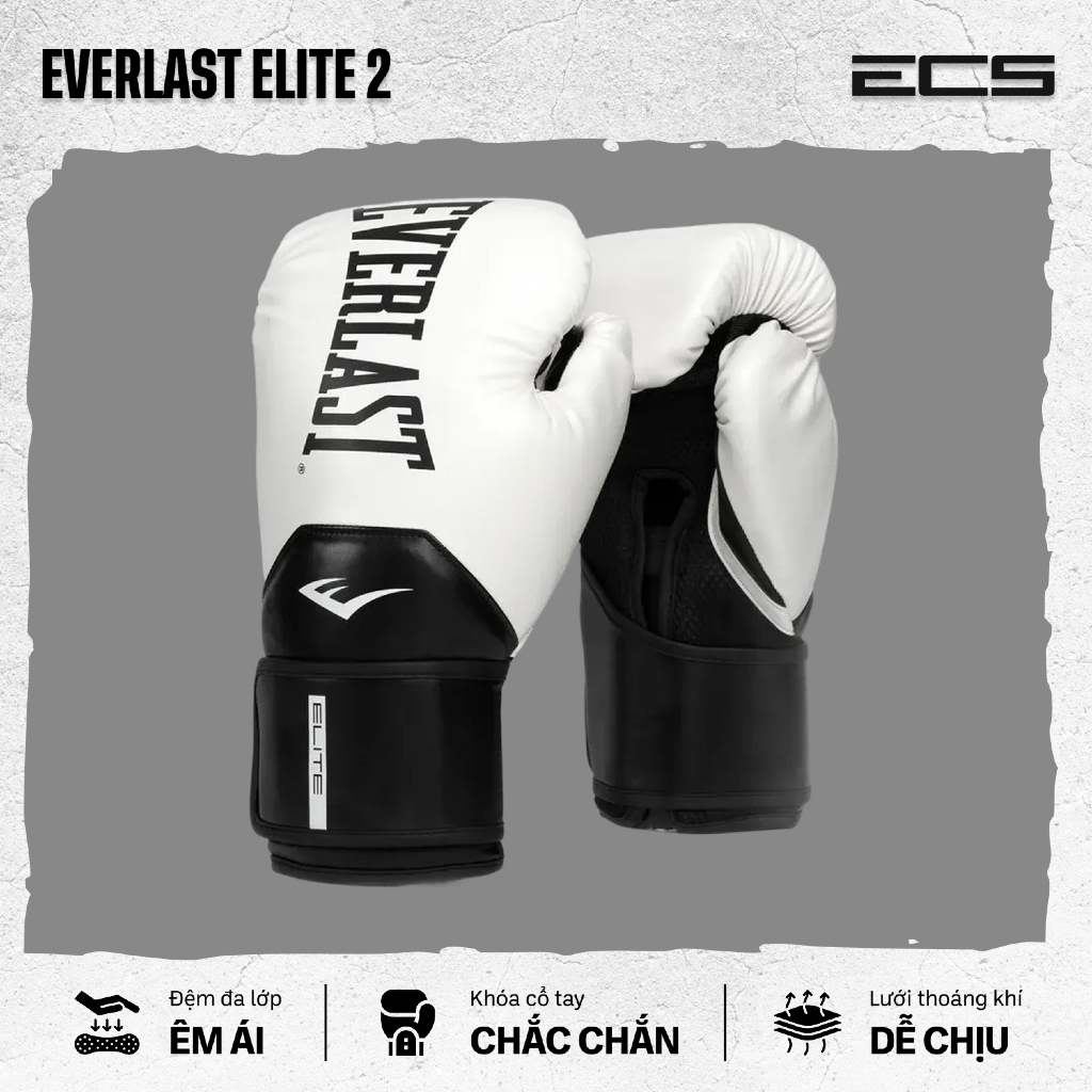 Găng tay boxing Everlast Elite 2, Đệm đa lớp êm ái, Khóa cổ tay chắc, Lưới thoáng khí dễ chịu