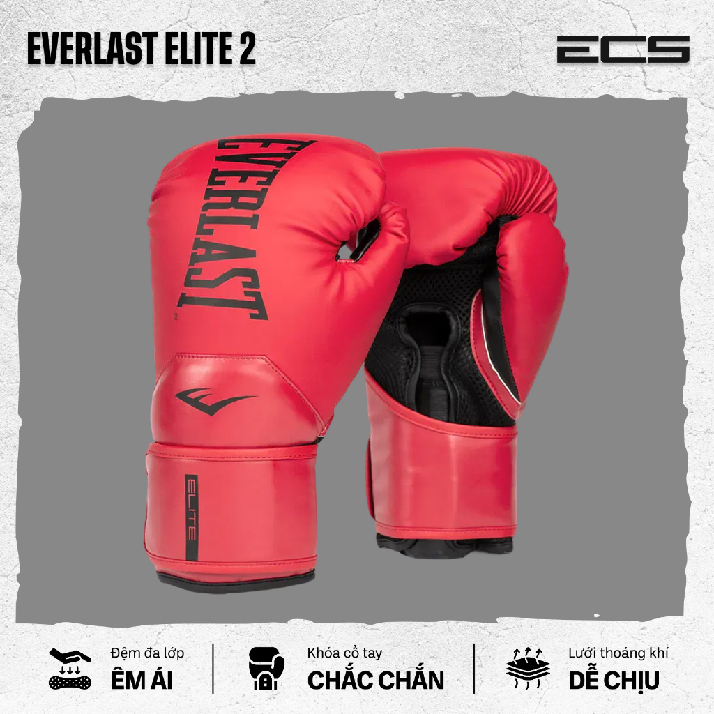 Găng tay boxing Everlast Elite 2, Đệm đa lớp êm ái, Khóa cổ tay chắc, Lưới thoáng khí dễ chịu