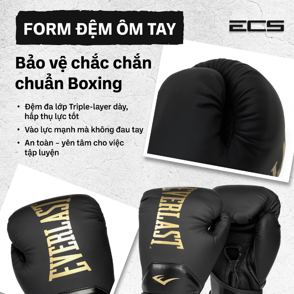 Găng tay boxing Everlast Elite 2, Đệm đa lớp êm ái, Khóa cổ tay chắc, Lưới thoáng khí dễ chịu