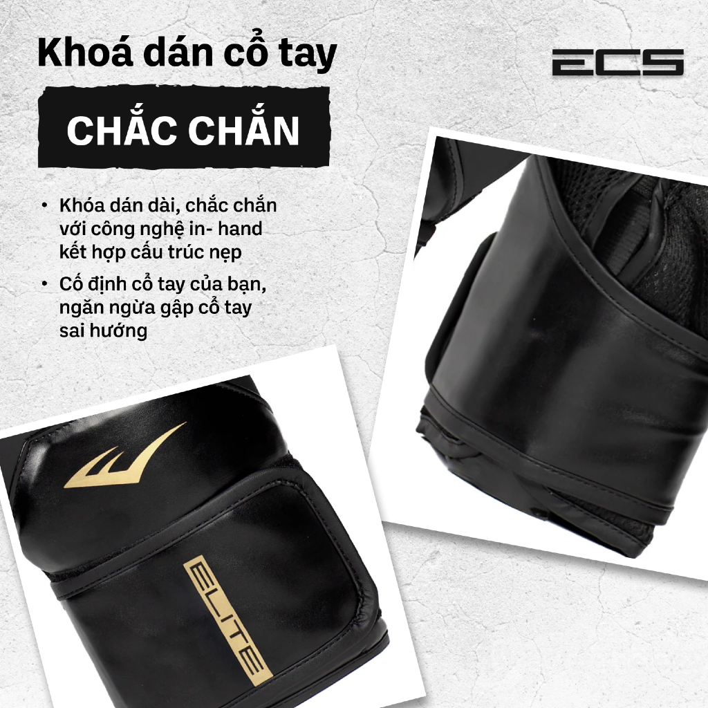 Găng tay boxing Everlast Elite 2, Đệm đa lớp êm ái, Khóa cổ tay chắc, Lưới thoáng khí dễ chịu
