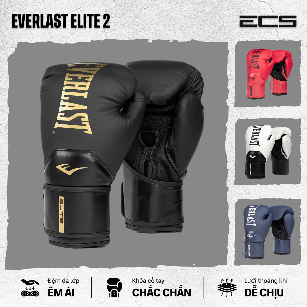 Găng tay boxing Everlast Elite 2, Đệm đa lớp êm ái, Khóa cổ tay chắc, Lưới thoáng khí dễ chịu