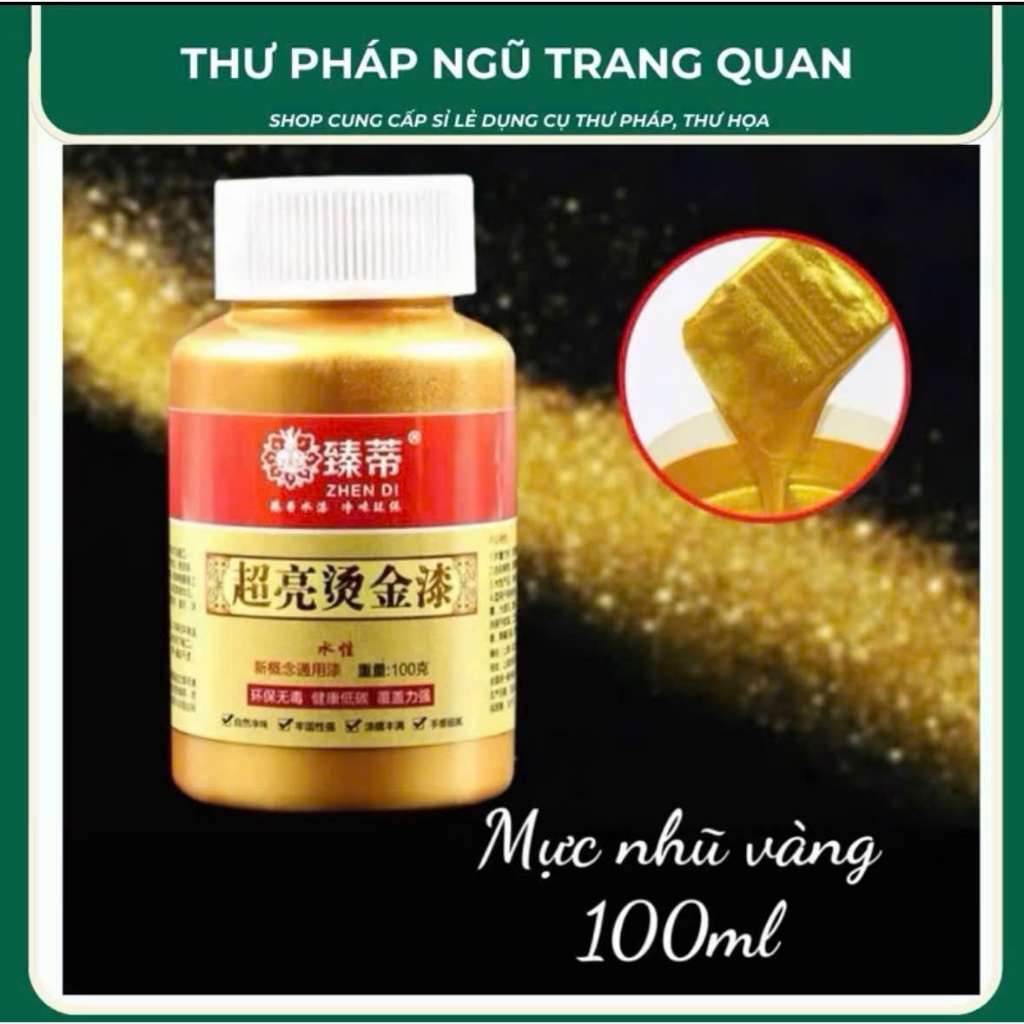 Mực nhũ vàng, mực nhũ viết thư pháp mịn sáng, nhanh khô chai 100ml đậm đặc viết lên các chất liệu đá, vải giấy