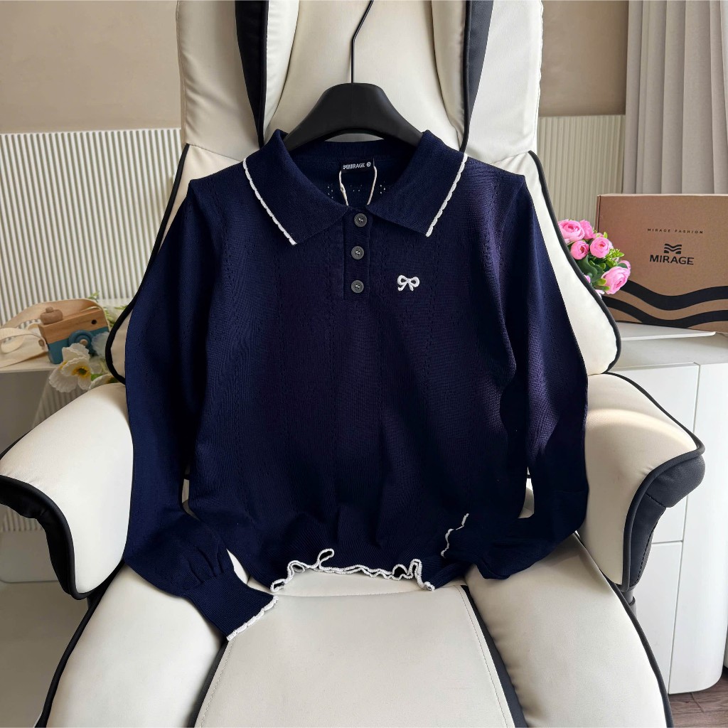 Áo Len Tay Dài Mirage Thêu Nơ Xanh Local Brand, Chất Len Mềm Mịn.