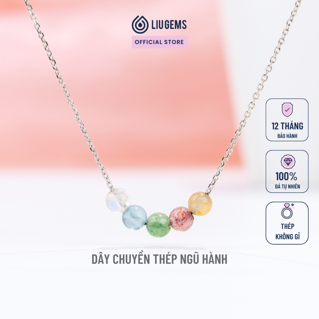 Dây Chuyền Thép Không Gỉ Mix 5 Viên Đá Tự Nhiên Liugems Cân Bằng Ngũ Hành Ý Nghĩa Tích Cực DCT05