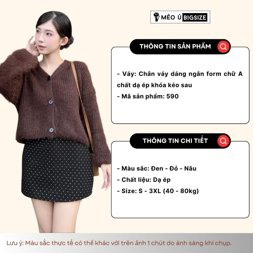 Chân váy nữ BIGSIZE Mèo Ú chân váy dáng ngắn form chữ A chất dạ ép khóa kéo sau họa tiết chấm bi phong cách Hàn Quốc 590