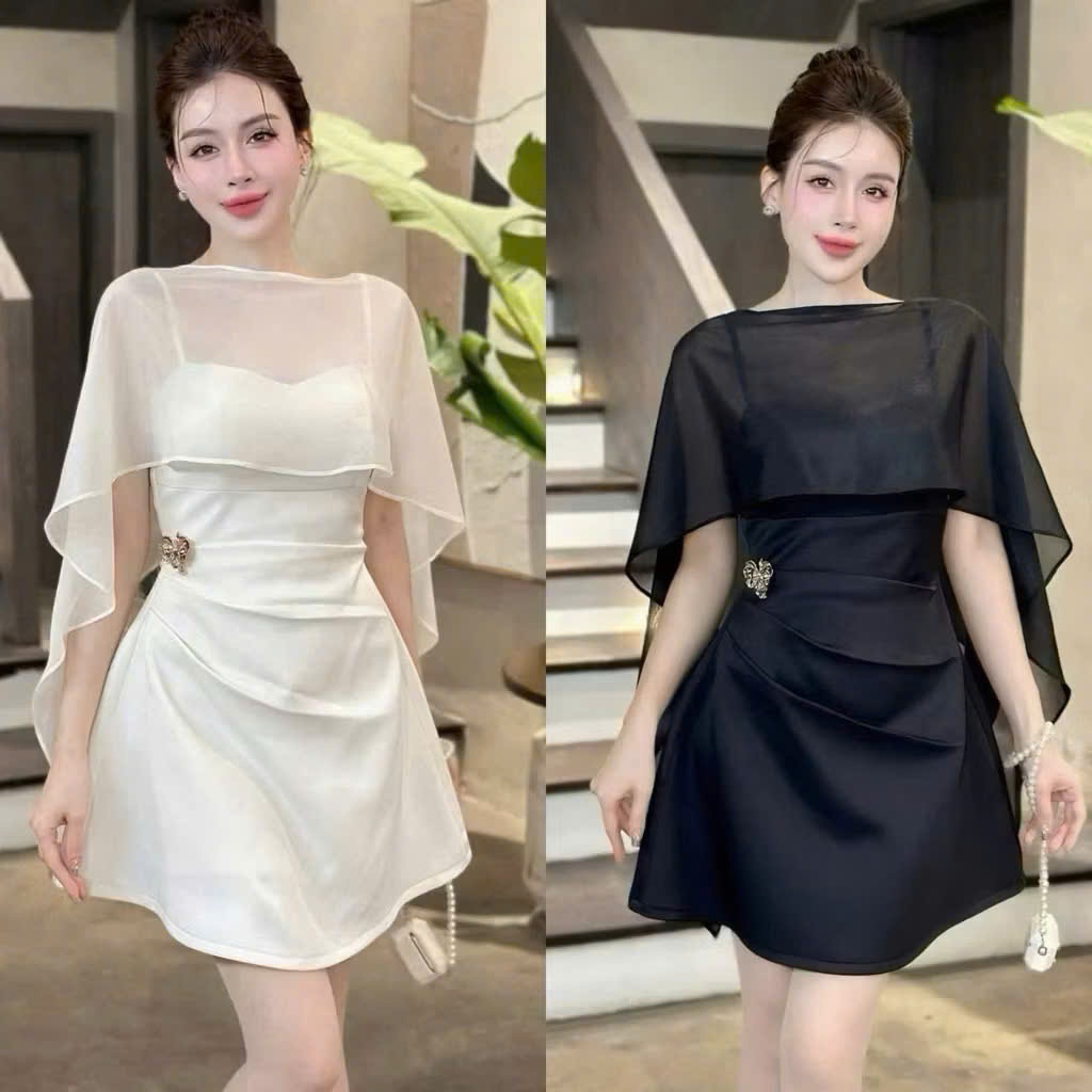 Váy dự tiệc 2 dây nhún eo, có mút ngực kèm áo choàng sang chảnh