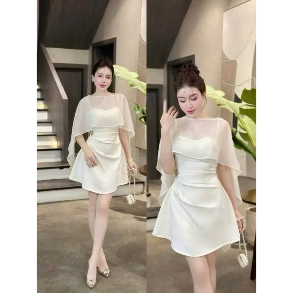 Váy dự tiệc 2 dây nhún eo, có mút ngực kèm áo choàng sang chảnh