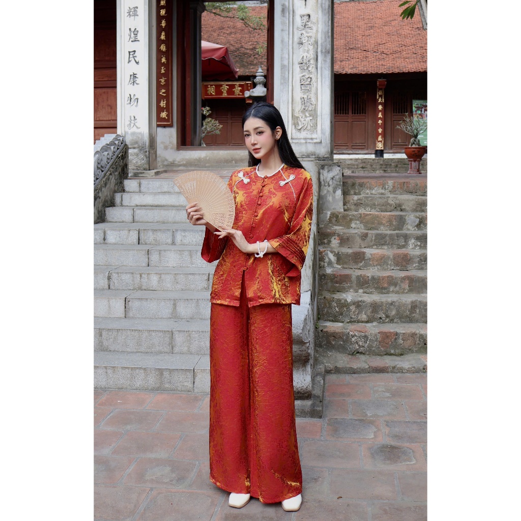 Pháp phục đi chùa cổ tròn tằm Tency ống tay xếp ly Đồ bộ đi chùa đính khuy đá cách điệu gấm tằm mềm mịnh